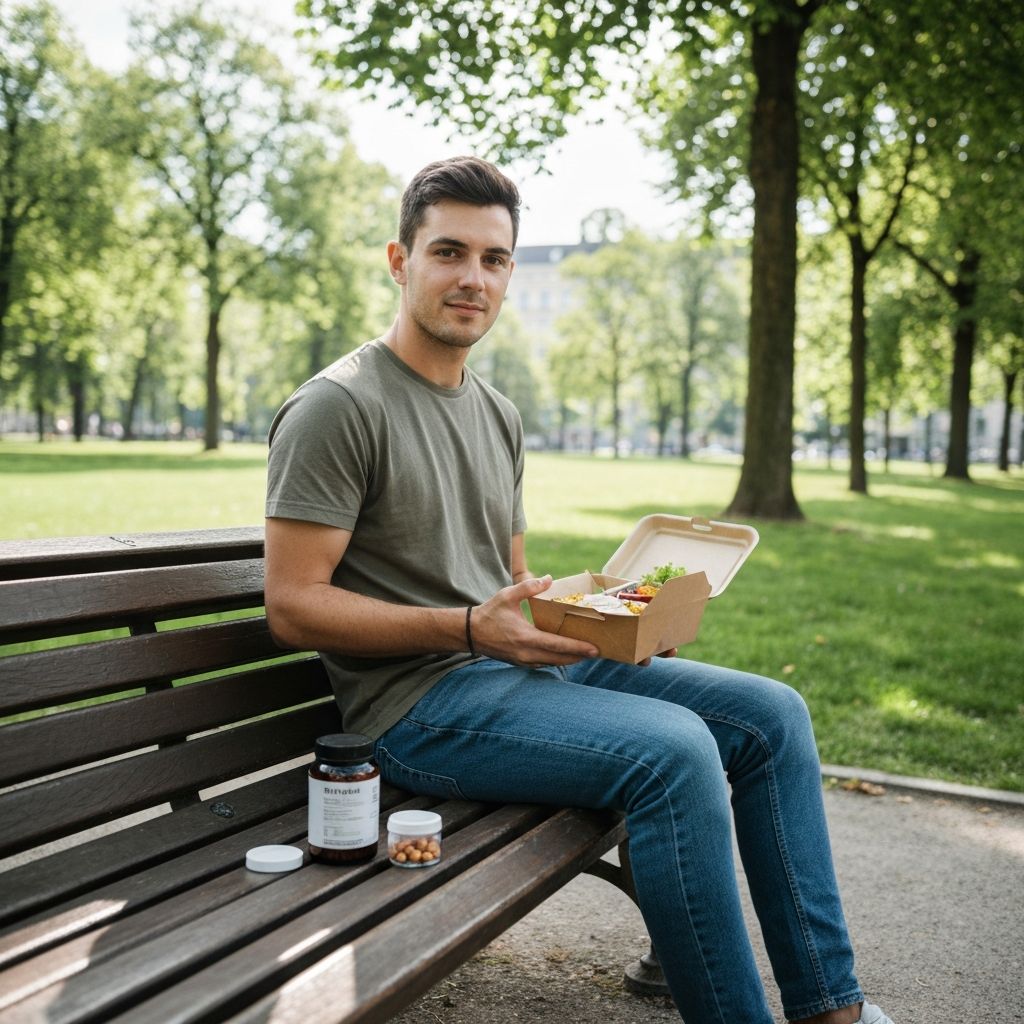 Schnelle Mittagspause auf einer Parkbank mit Nahrung und Nahrungsergänzungskapseln