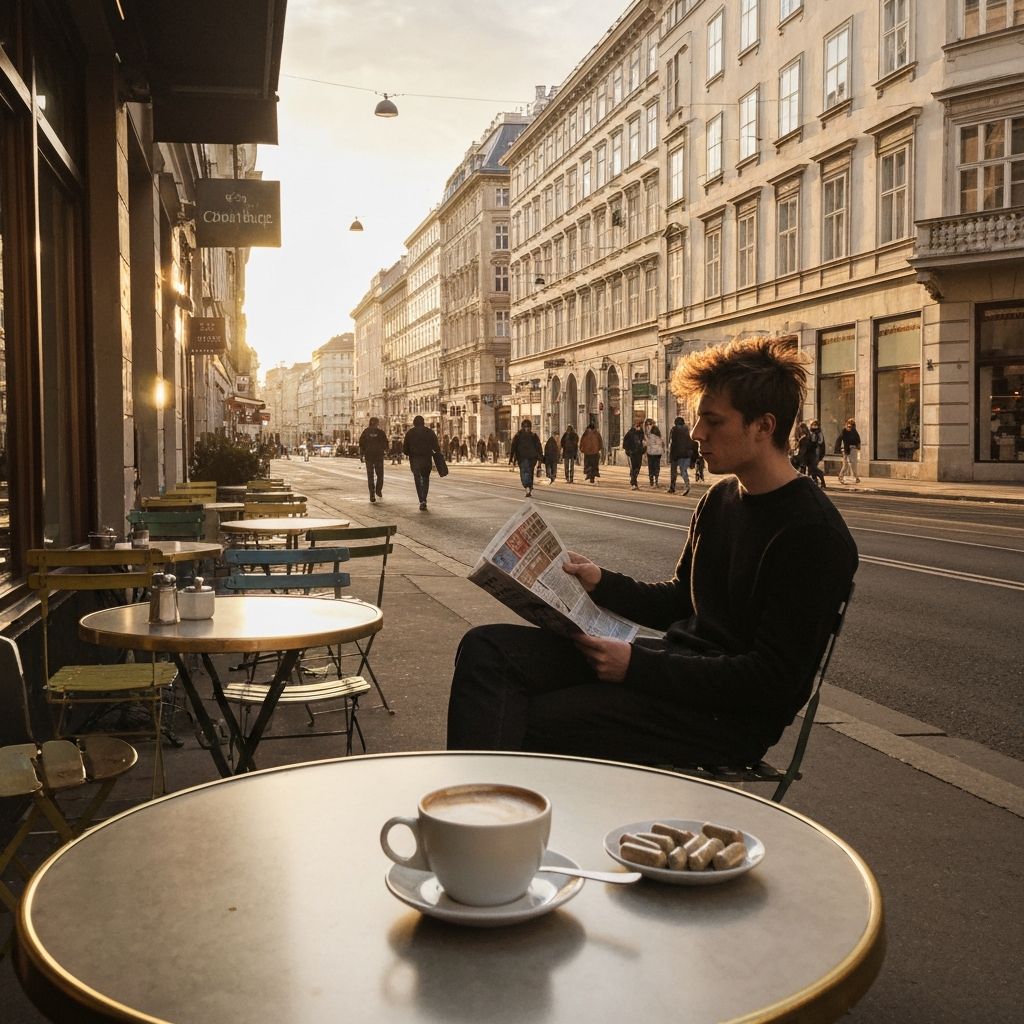 Morgens in einem Wiener Straßencafé mit Kaffee und Nahrungsergänzungskapseln