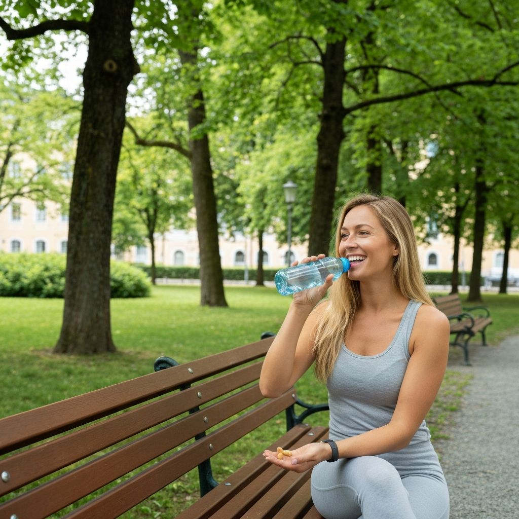 Parkbank in Salzburg mit Wasserflasche und Nahrungsergänzungskapseln, Natur-Wellness-Moment