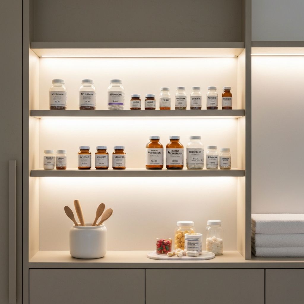 Organisiertes Regal mit Glasflaschen und Nahrungsergänzungsbehältern in modernem Loft-Apartment