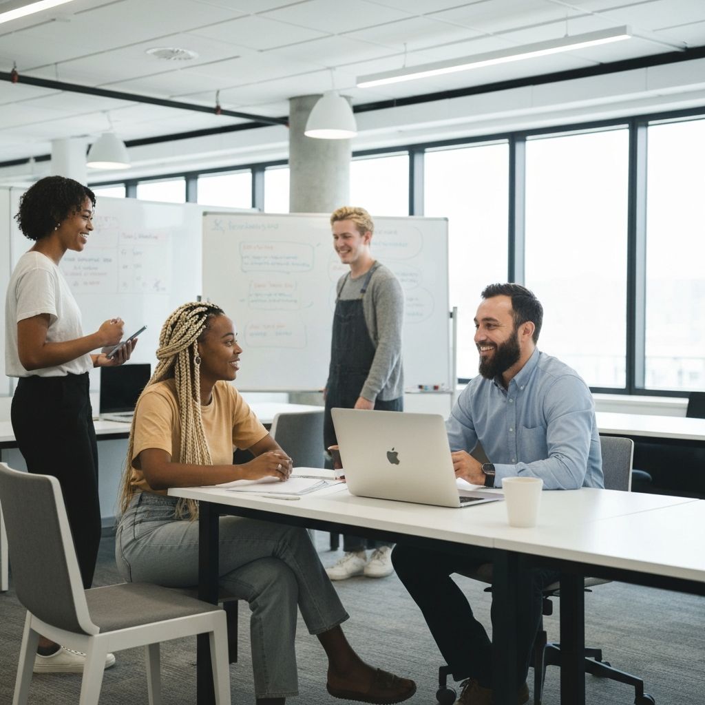 Junges vielfältiges Team in modernem urbanen Co-working Space, Wellness-Plattform-Konzept